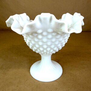 Vintage Fenton White Milk Glass Hobnail Ruffled Pedestal Compote Candy Dish Vase